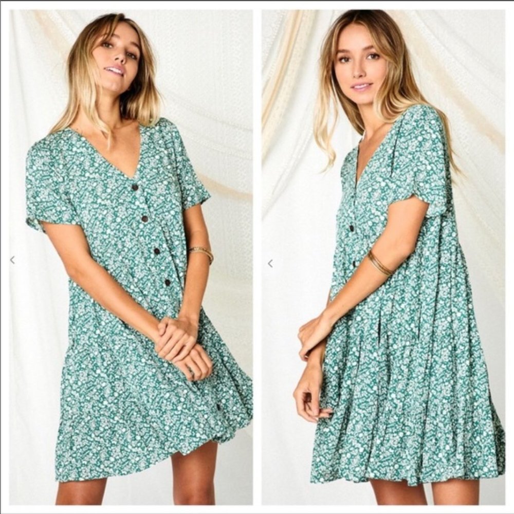 Boho tiered floral V-neck dress in aqua green/seafoam green